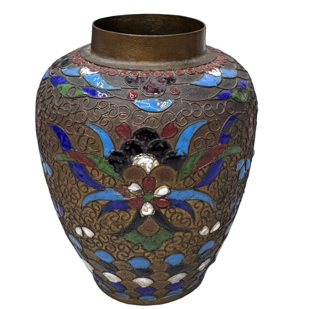Antique 1800s Champleve  Japanese Cloisonne Enamel Vase Floral Design Bronze 4"